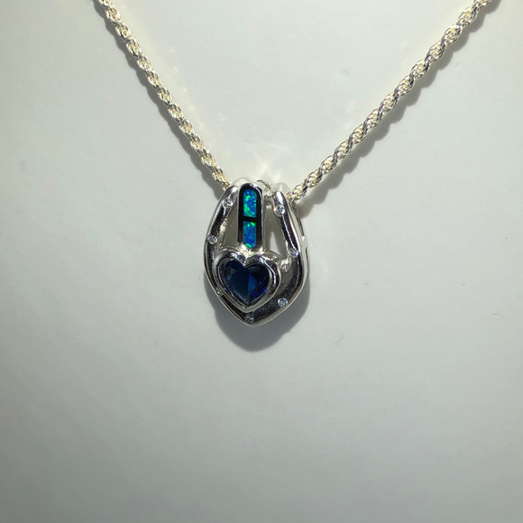 For My Love Sterling Heart Sapphire Opal 925 Silver Rope Necklace - Picture 1 of 7